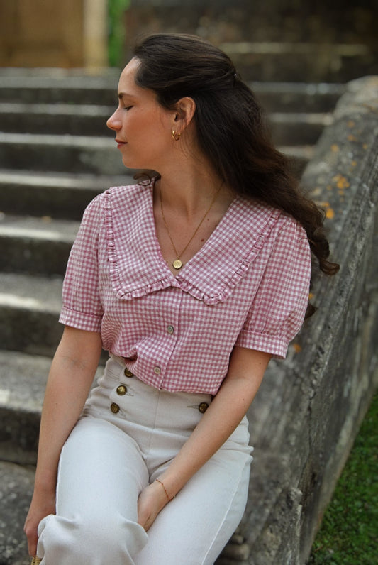 blouse motif ichy en coton pour femme col claudine - BRUN