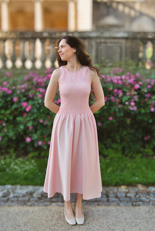 Robe elegante intemporelle rose poudré à smocks robe de cérémonie-BRUN